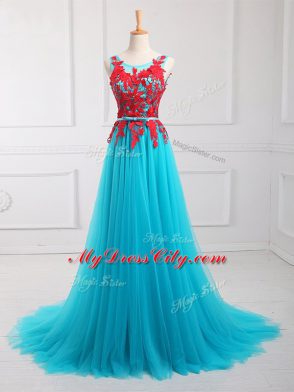 Aqua Blue Sleeveless Brush Train Lace and Appliques