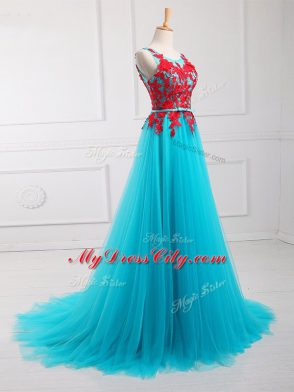 Aqua Blue Sleeveless Brush Train Lace and Appliques