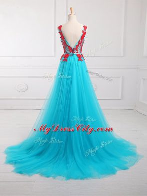 Aqua Blue Sleeveless Brush Train Lace and Appliques