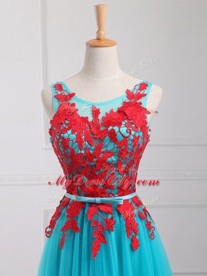 Aqua Blue Sleeveless Brush Train Lace and Appliques