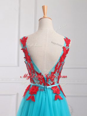 Aqua Blue Sleeveless Brush Train Lace and Appliques