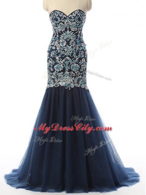 Flirting With Train Mermaid Sleeveless Navy Blue Prom Evening Gown Zipper