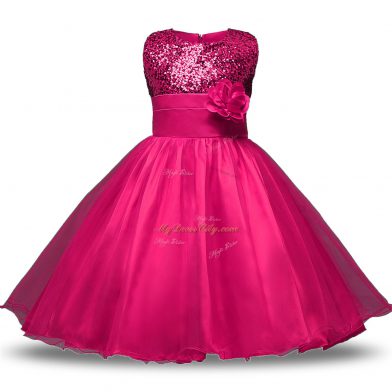 Super Hot Pink Flower Girl Dress Military Ball and Sweet 16 and Quinceanera with Belt and Hand Made Flower Scoop Sleeveless Zipper