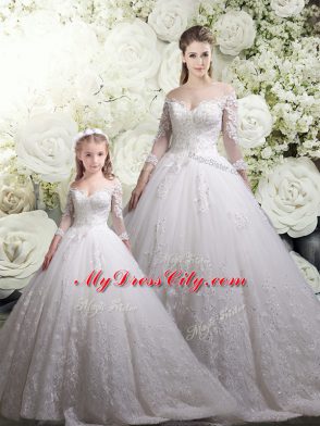 Luxury White Sweet 16 Dresses Tulle Chapel Train Half Sleeves Lace