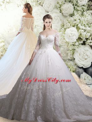 Luxury White Sweet 16 Dresses Tulle Chapel Train Half Sleeves Lace