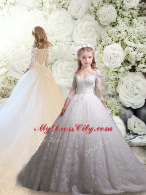 Luxury White Sweet 16 Dresses Tulle Chapel Train Half Sleeves Lace