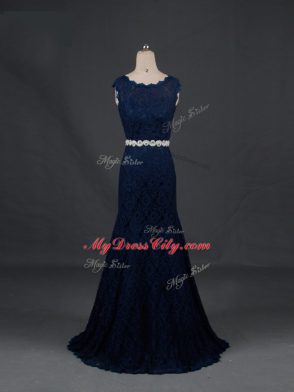 Hot Sale Column/Sheath Mother of the Bride Dress Navy Blue Scoop Lace Sleeveless Floor Length Backless