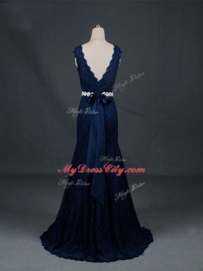 Hot Sale Column/Sheath Mother of the Bride Dress Navy Blue Scoop Lace Sleeveless Floor Length Backless