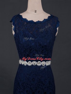 Hot Sale Column/Sheath Mother of the Bride Dress Navy Blue Scoop Lace Sleeveless Floor Length Backless