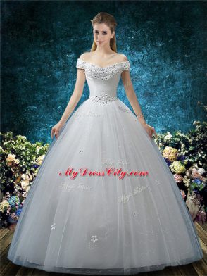 White Ball Gowns Tulle Off The Shoulder Cap Sleeves Beading and Appliques Floor Length Lace Up Wedding Gown