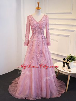 Pink Lace Up Mother Dresses Lace and Appliques Long Sleeves Brush Train