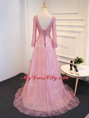 Pink Lace Up Mother Dresses Lace and Appliques Long Sleeves Brush Train