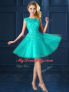 Fancy Tulle Cap Sleeves Knee Length Quinceanera Court Dresses and Lace and Belt