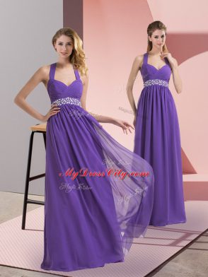 Purple Empire Halter Top Sleeveless Chiffon Floor Length Side Zipper Beading and Ruching Homecoming Gowns