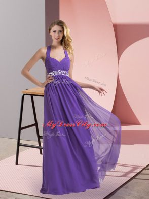 Purple Empire Halter Top Sleeveless Chiffon Floor Length Side Zipper Beading and Ruching Homecoming Gowns