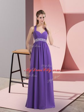 Purple Empire Halter Top Sleeveless Chiffon Floor Length Side Zipper Beading and Ruching Homecoming Gowns