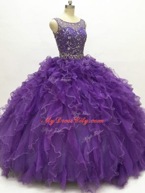 Fashion Organza Sleeveless Floor Length Quince Ball Gowns and Beading and Ruffles