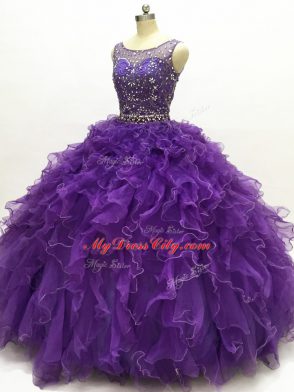Fashion Organza Sleeveless Floor Length Quince Ball Gowns and Beading and Ruffles