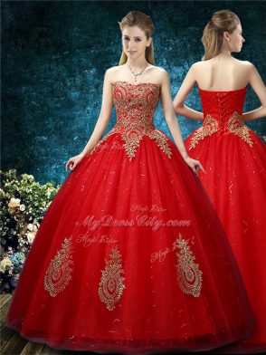 Pretty Red Sleeveless Floor Length Appliques Lace Up Wedding Dress