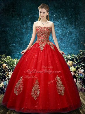 Pretty Red Sleeveless Floor Length Appliques Lace Up Wedding Dress