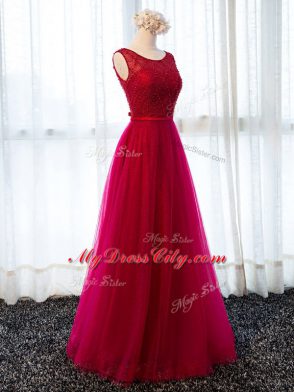 Glittering Fuchsia Lace Up Prom Dresses Beading and Belt Sleeveless Floor Length