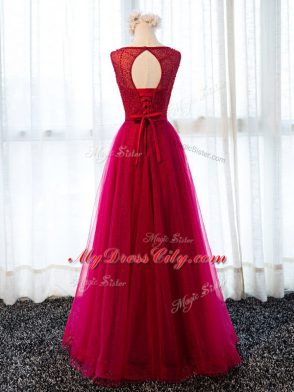 Glittering Fuchsia Lace Up Prom Dresses Beading and Belt Sleeveless Floor Length