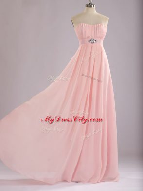 Baby Pink Empire Chiffon Sweetheart Sleeveless Beading and Ruching Floor Length Zipper Dama Dress
