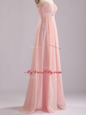 Baby Pink Empire Chiffon Sweetheart Sleeveless Beading and Ruching Floor Length Zipper Dama Dress