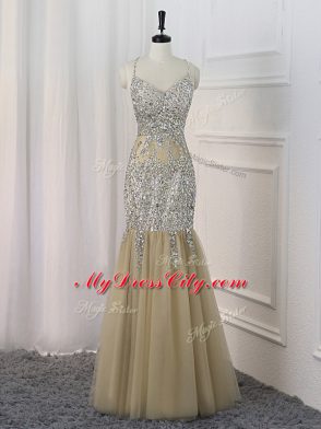 Classical Champagne Mermaid Sequins Prom Gown Backless Sequined Sleeveless Floor Length