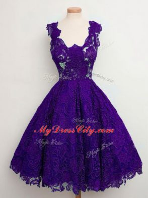 High Quality Sleeveless Lace Knee Length Lace Up Vestidos de Damas in Purple with Lace