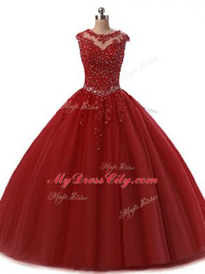 Luxurious Ball Gowns Quinceanera Dresses Wine Red Scoop Tulle Sleeveless Floor Length Lace Up