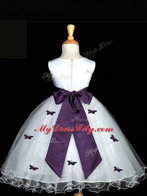 Most Popular Knee Length White Little Girl Pageant Dress Scoop Sleeveless Zipper