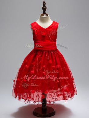 Wine Red V-neck Neckline Appliques Party Dress for Toddlers Sleeveless Zipper