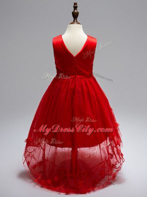 Wine Red V-neck Neckline Appliques Party Dress for Toddlers Sleeveless Zipper