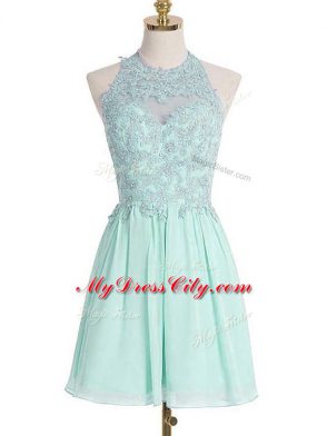 Exceptional Halter Top Sleeveless Wedding Guest Dresses Knee Length Appliques Apple Green Chiffon