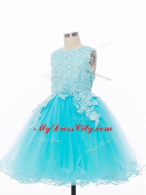 Knee Length Baby Blue Flower Girl Dress Scoop Sleeveless Zipper