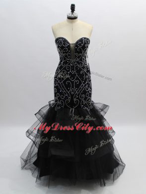 Floor Length Black Evening Dress Tulle Sleeveless Beading and Ruffles