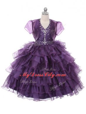 Floor Length Purple Pageant Gowns For Girls Organza Sleeveless Ruffled Layers