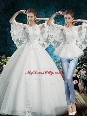 White Tulle Lace Up Scoop Half Sleeves Floor Length Wedding Gowns Lace