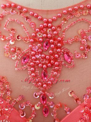 Comfortable Sleeveless Tulle Brush Train Lace Up Quinceanera Dresses in Coral Red with Beading and Lace