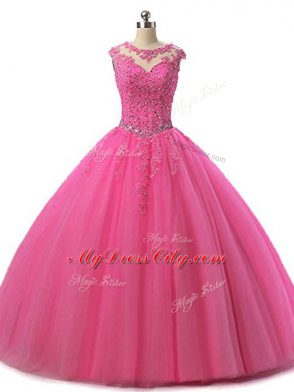 Fitting Floor Length Hot Pink Quinceanera Dress Tulle Sleeveless Beading and Lace