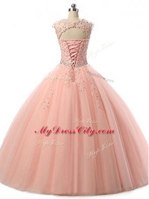 Fitting Floor Length Hot Pink Quinceanera Dress Tulle Sleeveless Beading and Lace