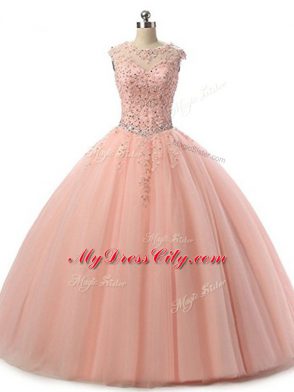 New Arrival Peach Sleeveless Tulle Lace Up Quinceanera Gown for Military Ball and Sweet 16 and Quinceanera
