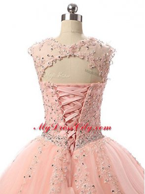New Arrival Peach Sleeveless Tulle Lace Up Quinceanera Gown for Military Ball and Sweet 16 and Quinceanera