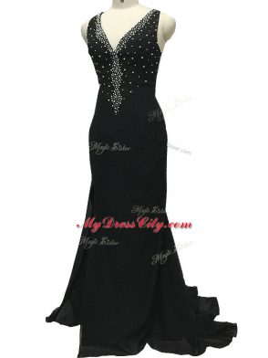 Black Chiffon Side Zipper Mother of Groom Dress Sleeveless Brush Train Beading