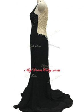 Black Chiffon Side Zipper Mother of Groom Dress Sleeveless Brush Train Beading