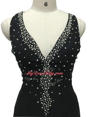Black Chiffon Side Zipper Mother of Groom Dress Sleeveless Brush Train Beading