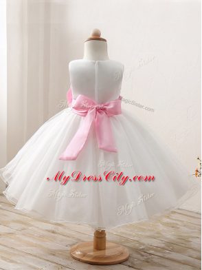Dazzling White Organza Zipper Juniors Party Dress Sleeveless Knee Length Bowknot