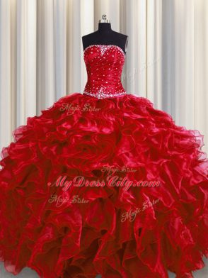 Wine Red Ball Gowns Organza Strapless Sleeveless Beading and Ruffles Floor Length Lace Up 15th Birthday Dress