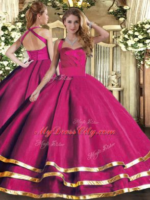 Traditional Hot Pink Ball Gowns Tulle Halter Top Sleeveless Ruffled Layers Floor Length Lace Up Vestidos de Quinceanera